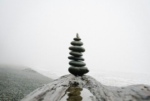 black and white stone on gray sand